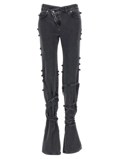 Alexander Mcqueen Mcqueen Asymmetric Closure Black Denim Jeans In Gray