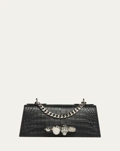 Alexander Mcqueen Jeweled Croc-embossed Leather Shoulder Bag In Black