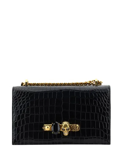 Alexander Mcqueen Black And Golden Jewelled Satchel Bag In Nero