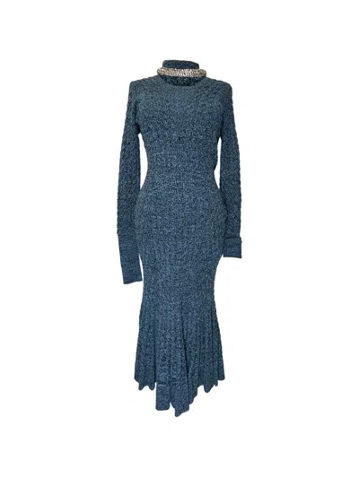 Pre-owned Alexander Mcqueen Jewelled Collar Knitted Midi Dress In Blue
