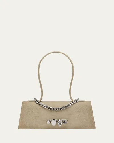 Alexander Mcqueen Jewelled Croc-embossed Suede Top-handle Bag In Brown