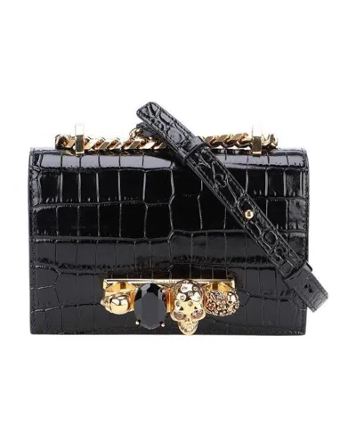 Alexander Mcqueen Jewelled Crocodile-effect Satchel In Black