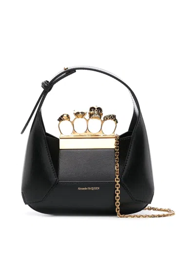 Alexander Mcqueen Mini Jeweled Leather Hobo Bag In Nero