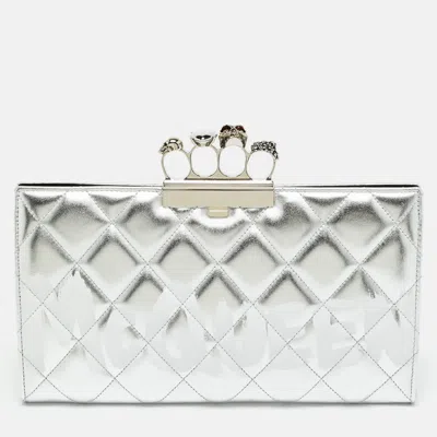 Pre-owned Alexander Mcqueen Jewelled Knuckle Graffiti Silver Quilted Leather Clutch