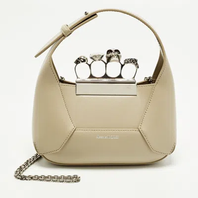 Pre-owned Alexander Mcqueen Jewelled Mini Beige Leather Hobo In Sand