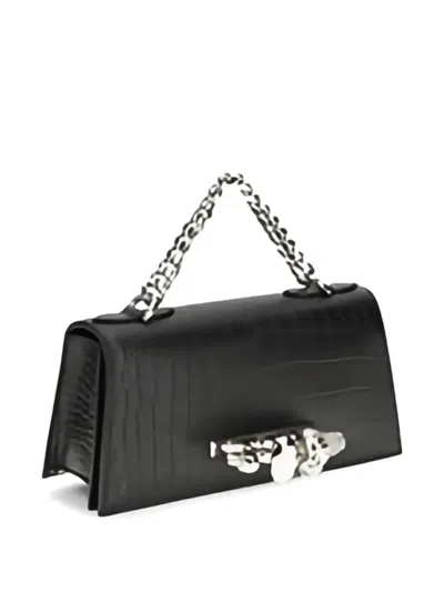 Alexander Mcqueen Mini Embellished Croc-effect Leather Shoulder Bag In Black