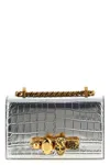 Alexander Mcqueen Mini Skull-embellished Crocodile-effect Crossbody Bag In Silver