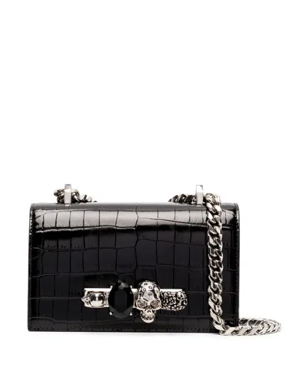Alexander Mcqueen Jewelled Satchel Mini Handbag In Black Calf Leather For Women In Burgundy