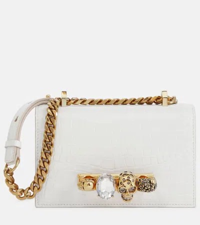 Alexander Mcqueen Mini Jeweled Croc Embossed Leather Satchel In Deep Ivory