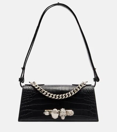 Alexander Mcqueen Jewelled Small Croc-effect Leather Shoulder Bag In Black