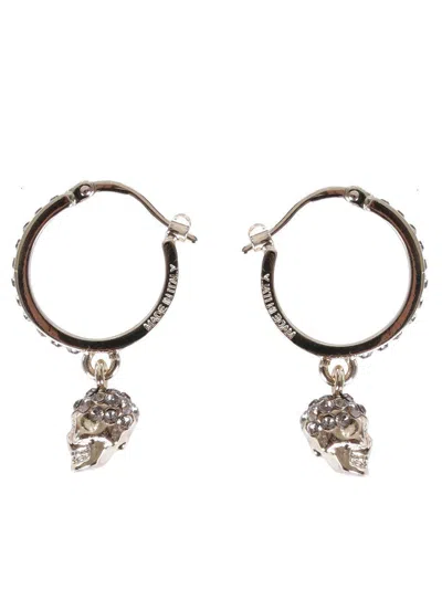 Alexander Mcqueen Skull Swarovski Crystal Embellished Hoop Earrings In Beige