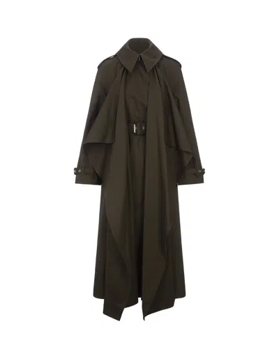 Alexander Mcqueen Double-breasted Trench Coat With Draped In Khaki