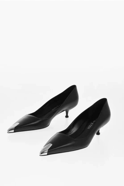 Alexander Mcqueen Kitten Heel Pumps With Metallic Toe 3cm In Black