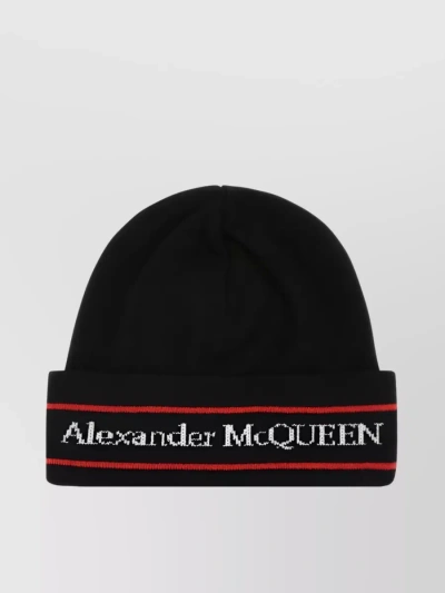 Alexander Mcqueen Knit Logo Folded Edge Beanie In Black
