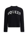 Alexander Mcqueen Textured Black Crewneck Sweater With Ivory Logo