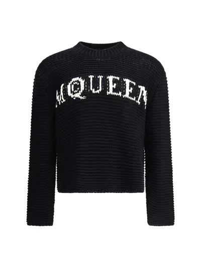 Alexander Mcqueen Mcqueen Textured Cotton Sweater With Inlaid Logo In Black