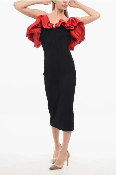 Alexander Mcqueen Knitted Cold-shoulder Dress With Ruffled Detail In Black