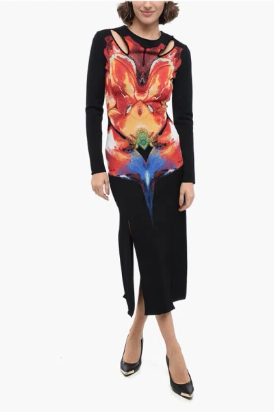 Alexander Mcqueen Knitted Cut-out Sheath Dress With Jacquard Floral Pattern In Black