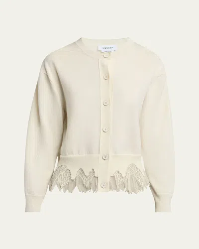 Alexander Mcqueen Lace-hem Cashmere Crewneck Cardigan