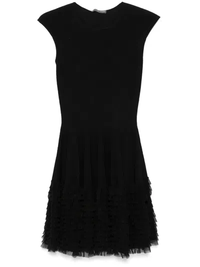 Alexander Mcqueen Lace Knit Ruffle Dress In Black