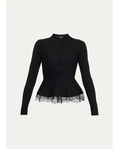 Alexander Mcqueen Lace-trim Peplum Wool Crewneck Cardigan In Black