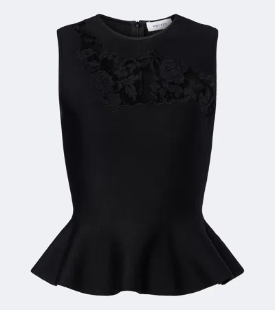 Alexander Mcqueen Lace-trimmed Peplum Wool Top In Black