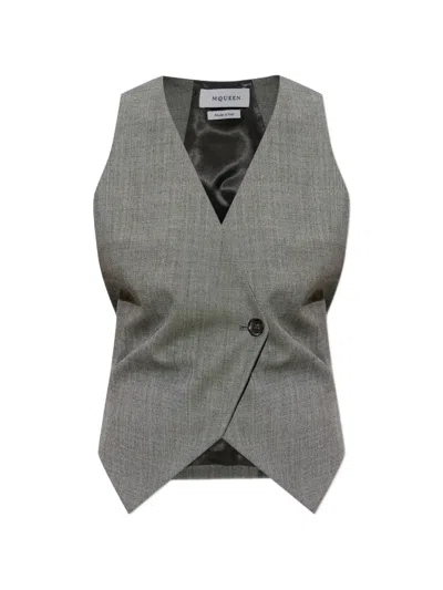 Alexander Mcqueen Lace-up Asymmetric-hem Vest In Gray