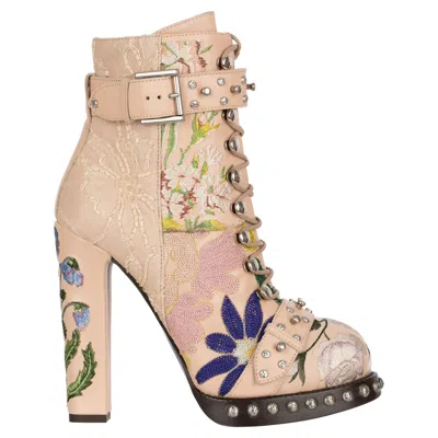 Pre-owned Alexander Mcqueen Lace-up Boots With Embroidery 37 Fr In Sand
