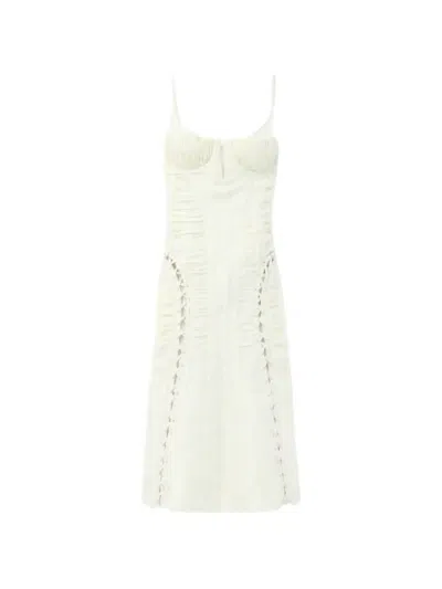 Alexander Mcqueen Lace-up Ruched Midi Dress In Neutral