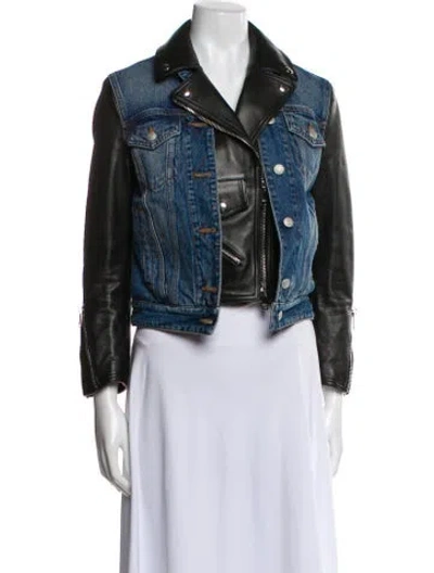 Pre-owned Alexander Mcqueen Lamb Leather Printed Denim Jacket In Blue
