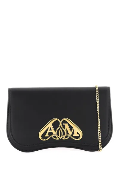 Alexander Mcqueen Laminated Leather Pouch Handbag With Gold Metal Seal Logo And Magnetic Closure In Black