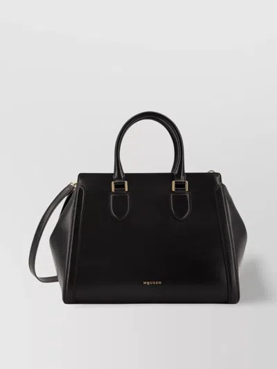 Alexander Mcqueen Large Leather Shoulder Bag With Canvas Lining In Black