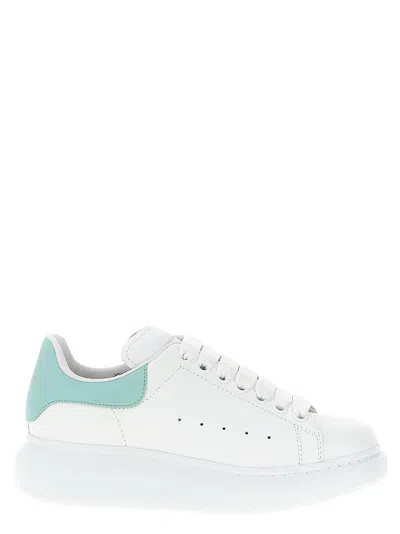 Alexander Mcqueen White Leather Sneakers With Sea Green Leather Heel In Animal Print