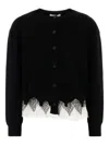 Alexander Mcqueen Crew Neck Wool Blend Cardigan With Lace Trim In Black