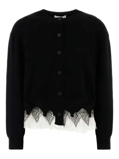 Alexander Mcqueen Crew Neck Wool Blend Cardigan With Lace Trim In Black