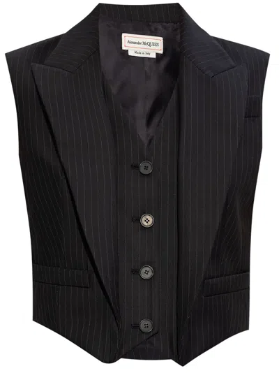 Alexander Mcqueen Paneled Pinstriped Wool Vest In Navy