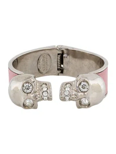 Pre-owned Alexander Mcqueen Leather & Crystal Twin Skull Cuff Bracelet, 6.5" In Clear/pink