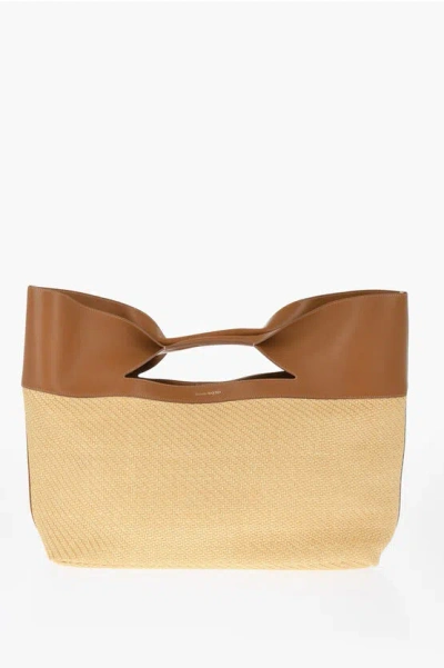 Alexander Mcqueen Leather And Raffia The Bow Maxi Tote Bag In Neutral