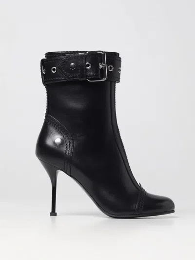 Alexander Mcqueen Leather Ankle Boots With Strap In Black