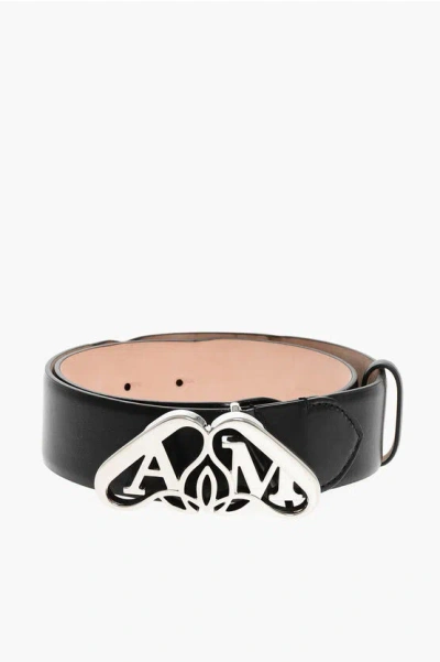 Alexander Mcqueen Leather Belt With Logoed Buckle 40mm Grösse 70