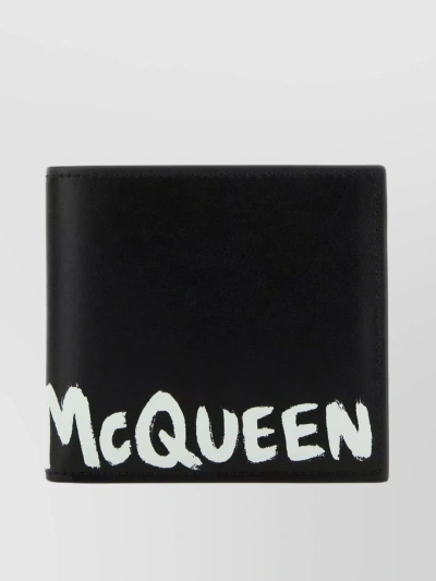 Alexander Mcqueen Leather Bifold Wallet With Front Print And Contrast Lettering In Black