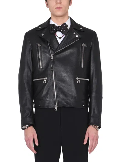 Alexander Mcqueen Mcqueen Textured Leather Jacket With Zip Closure In Black