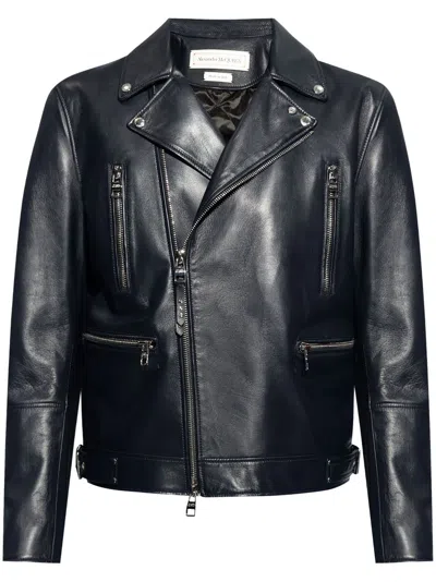 Alexander Mcqueen Slim-fit Zip-detailed Leather Biker Jacket In Black