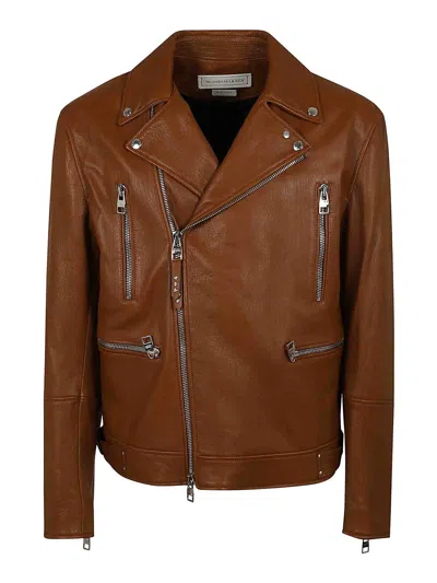 Alexander Mcqueen Leather Biker Jacket In Silver Metallic Details