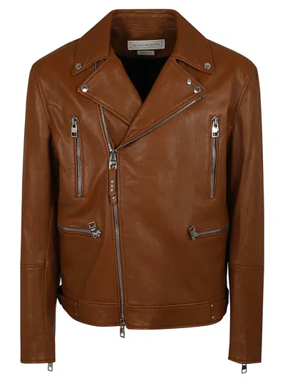 Alexander Mcqueen Essential Leather Biker Jacket Men In Brown