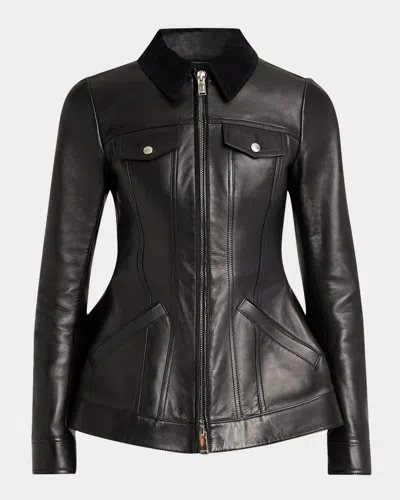 Alexander Mcqueen Leather Bird Peplum Jacket In Black