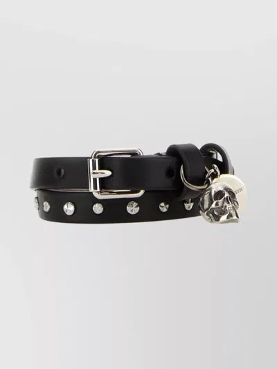Alexander Mcqueen Leather Bracelet With Skull Buckle And Studs In Black