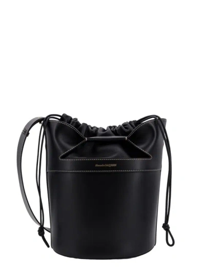 Alexander Mcqueen Leather Bucket Bag With Logo Print In Black