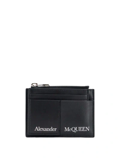 Alexander Mcqueen Leather Card Holder With Logo Print In Black