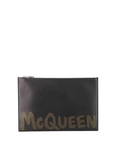 Alexander Mcqueen Leather Clutch With Mcqueen Graffiti Logo In Negro